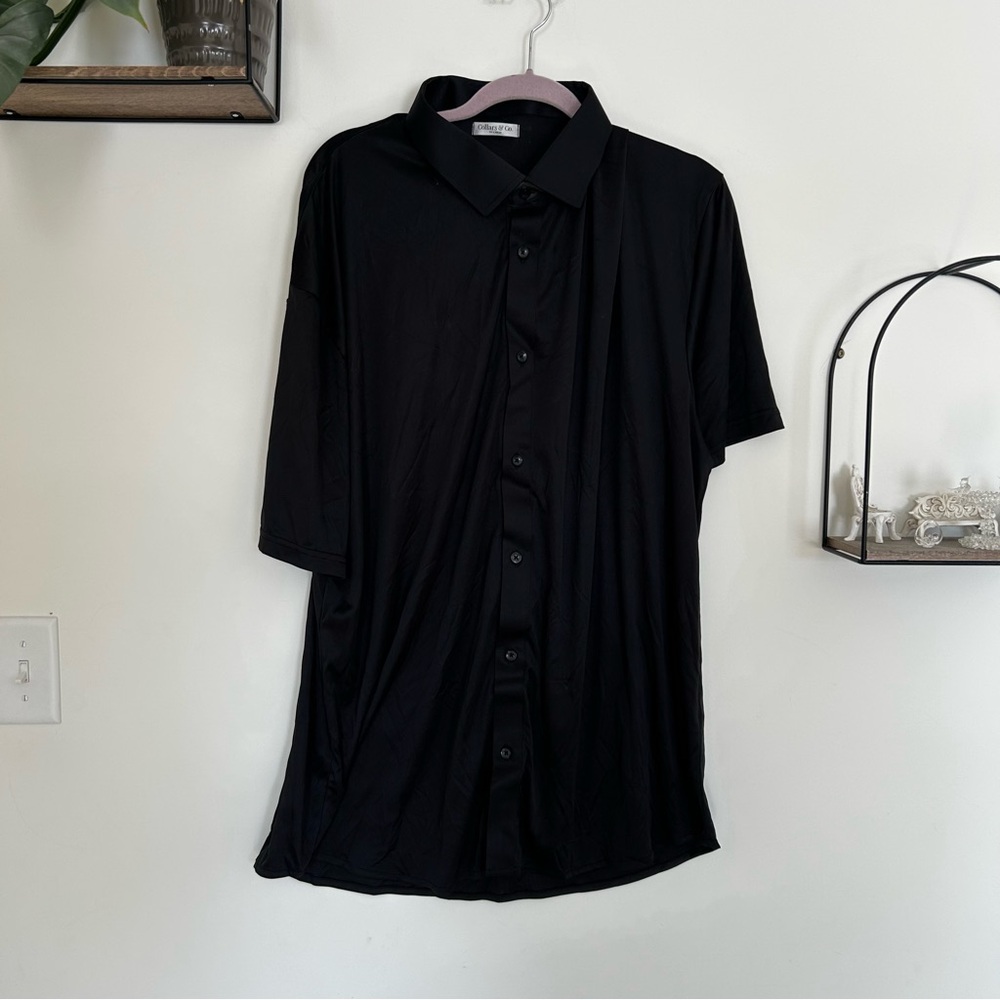 NWOT Collars & Co Solid Black Button Up Short Sleeve Dress Collar Polo Shirt 3XL